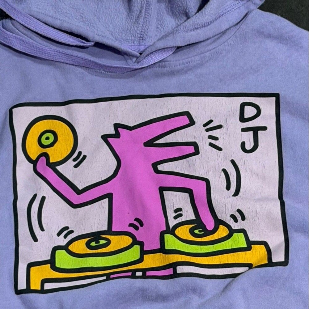 Mens Keith Haring DJ Graphic Hoodie Lavender Purple Size L